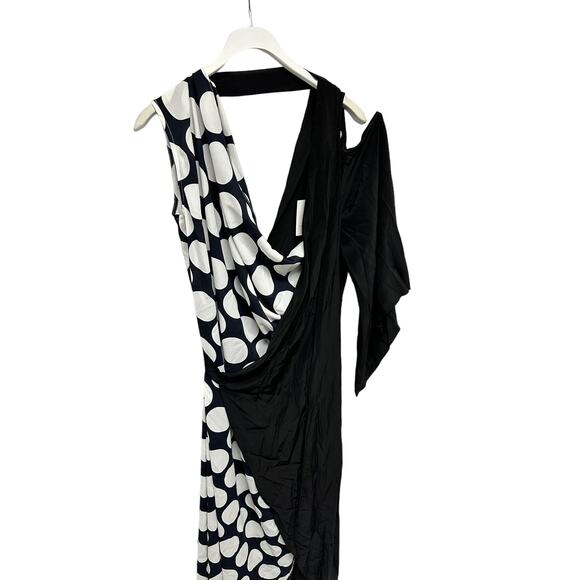 Awake A.W.A.K.E. V-Neck Draped One-Sleeve Asymmetric Polka-Dot Dress - Picture 6 of 15